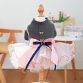 Detail of pet dress featuring grey knit top, pink tulle skirt and bow with blue gemstone - XS-Bust 30cm, Length 20cm (Approx 1-1.5kg) / Petti Princess Dress - Grey Top