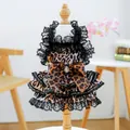 Leopard print dog tutu dress with black lace trim and gemstone bow for pets - Leopard Lace Dress