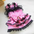 Close-up of pink checkered pet dress with black lace trim and gemstone bow detail - XS / Bo Bo Pink Dress