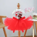 Detail of sequin bear embroidery and red mesh tutu layers on the dog party dress - XS / Cupid Bear Wedding Dress