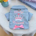 Detail of dog denim jacket with Daddy's Princess embroidery, pearls, and pink bow - XS / Little Princess Denim