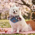 Plaid bowtie pet bandana with leather logo on denim bib, outdoor cherry blossom setting - S / Denim Patchwork Christmas Plaid Bowknot