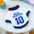 Close-up of blue and white dog sports jersey with Goal Hunter 10 print for small dogs - XS / White