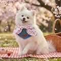 Denim pet bandana with pink floral bow and leather brand tag for small dogs - Denim Patchwork Pink Floral Bowknot