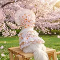 Floral pet dress and matching lace hat for small dogs, elegant garden style outfit - Calendula Bonnet Hat + Spring Tea Party Dress