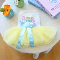 Dog princess dress with white waffle top, rabbit embroidery and yellow tulle skirt - XS / White Rabbit Embroidered Yellow Tulle Skirt