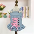 Cute light blue denim pet dress with pink ribbon bows and pearl heart buttons - Spice Girl Denim Dress