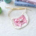 Pink tweed pet bandana with cream satin ruffle lace and large heart pearl bow detail - One Size / Pink