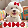 Set of 2 cute red velvet bow hair clips for dogs and cats on a white Bichon dog - Red Double Layer Bowknot Hair Clips