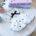 White pet dress with black heart prints, bow tie and gold pendant for small dogs - XS / White