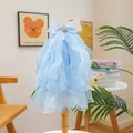 Light blue lace pet veil with silver snowflakes and rhinestone flower on wood stand - Light Blue Silver Snowflake Rhinestone Style