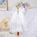 Elegant white pet wedding veil with large bow and multi-layer lace mesh for small dogs - White Red Heart Style