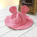 Red and white gingham dog sun hat with cute bunny ears and soft cotton texture - One Size / Red