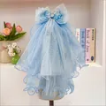 Light blue pet wedding veil with mesh bow and rhinestone crown for small dogs - Blue Crown Bow Style