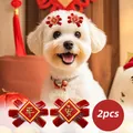 Set of 2 cute red velvet pet bow hair clips with gold embroidery for dogs and cats - Ping An Chinese Knot Hair Clips