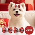 Set of 2 traditional Chinese style red bow hair clips with gold floral patterns for dogs - New Year Chinese Style Bowtie Hair Clips