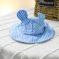 Blue and white gingham sun hat with cute ears for small pets or stylish puppies - One Size / Blue