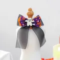 Detail of Halloween pet bow with pumpkin ribbon, mesh lace, bell and ghost charm - Ghost Style
