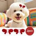 Set of two red velvet pet bow hair clips with faux pearl for dogs and cats - Pearl Red Bowknot Hair Clips
