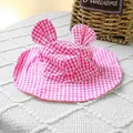 Pink and white gingham baby sun hat featuring cute 3D bunny ears and a wide protective brim - One Size / Pink