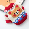 Detail of soft knit Christmas pet sweater featuring brown bear pattern and red ribbed collar - Heart Bear Sweater