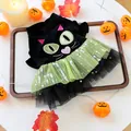 Detail of Halloween pet dress with black cat face, green sequin tutu and star patterns - XS / Cute Cat Halloween Tutu Skirt