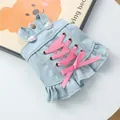 Light blue denim pet dress with pink silk crisscross ribbons and white heart pearl buttons - XS-Bust 30cm, Length 20cm (Approx 1-1.5kg) / Denim Skirt / Light Blue