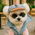 Blue denim pet sun hat and matching pink vest set with sunglasses on a white dog - S / Coffee Brim With Leopard Sunglasses