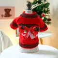Close-up of a festive red knit pet sweater with multi-layer bows and Christmas theme details - Happy Christmas Sweater - Red