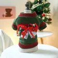 Macro detail of dark green pet Christmas knit sweater with red bow and stripe ribbing - XS / Happy Christmas Sweater - Green