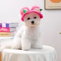 Pink pet sun hat with cute plush ears and strawberry detail on a white dog - S / Pink Flower Strawberry Style