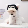 Detail of pet sherpa fleece hat with yellow New York embroidery on white curly dog - S / Black New York Baseball Style