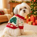 Christmas dog sweater with green tree pattern and red ribbed trims in holiday setting - Green Christmas Tree Sweater