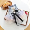Elegant blue tweed pet dress with colorful mesh tutu and luxury bow for small dogs - XS / Blue