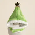 Chapeau de Noël pour animal en peluche verte avec étoile dorée et bordure en polaire blanche - Chapeau Sapin de Noël Étoile d'Or (Style Peluche Verte)