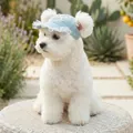Light blue denim pet sun hat with white lace trim and pearl cross for small dogs - S / Pearl Bow Style