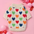 Cozy cream knit pet sweater with colorful heart patterns and ribbed neck for small dogs - XS / Off-white Heart Style
