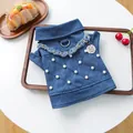 Chaqueta vaquera azul oscuro para perro con perlas acolchadas y colgante de sol - XS / Chaqueta de Mezclilla con Cadena de Perlas