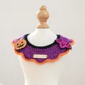 Halloween purple crochet pet collar with orange pumpkin and bat charms on white stand - Halloween Gold Tag Knitted Scarf - Pumpkin Bat