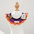 Handmade crochet Halloween pet scarf featuring a pumpkin charm and ghost patch - Halloween Gold Tag Knitted Scarf - Pumpkin Ghost