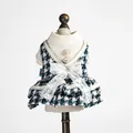Robe de luxe en tweed bleu pour petit chien et chat avec nœud en dentelle et bijoux - Tweed Bleu Élégant