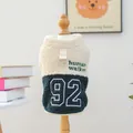 Close-up of fleece pet vest with Human Walker embroidery and metal D-ring attachment - Strolling Pioneer Vest - Green And White