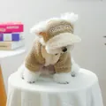 Close-up of beige sherpa pet coat and matching hat with New York embroidery - New York Baseball Hat-Light Coffee