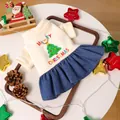 Robe de Noël pour chien avec broderie Merry Christmas et jupe en jean pour petits - Tenue Joyeux Noël Sapin Blanc