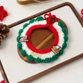 Handmade crochet Christmas pet collar with deer and snowman motifs on red green stripes - Christmas Gold Label Yarn Collar Snowman Reindeer Santa