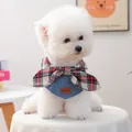 Blue denim pet bandana with red plaid bow tie for dogs and cats on a white dog - S / Christmas Plaid Bow Bib