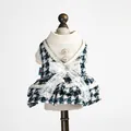 Elegante tweed hondenjurk met crème gebreide top en grote witte kanten strik detail - XS / Elegant Blauw Tweed