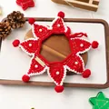 Handgemaakte rood-witte gehaakte slab voor huisdieren met parels en ster-design - Kerst Gouden Label Garen Halsband 7-Punts Rood
