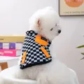 Detail of checkered dog sweater featuring a bright orange pocket and energetic label - XS / Black & White Checkerboard