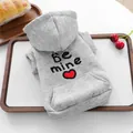 Close-up of gray pet hoodie with Be Mine text, metal leash ring, and kangaroo pocket - M / Gray